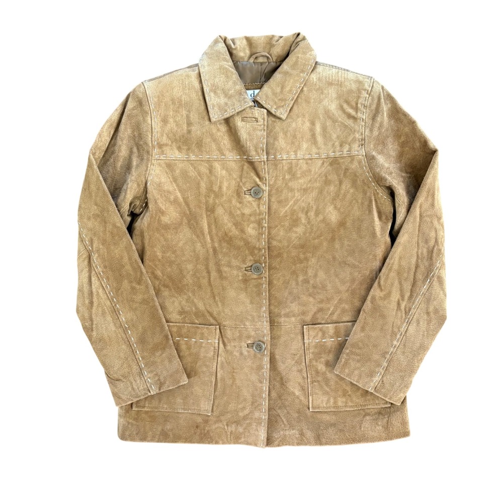 Vintage d. & co. Brown Suede Leather Jacket Contrast Button Front Coat Y2k